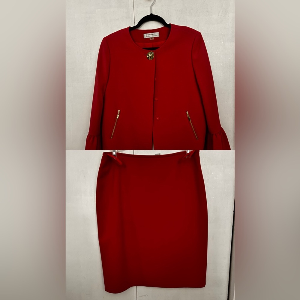 Tahari Arthur S. Levine red skirt suit set a blazer with ruffled sleeve and skir